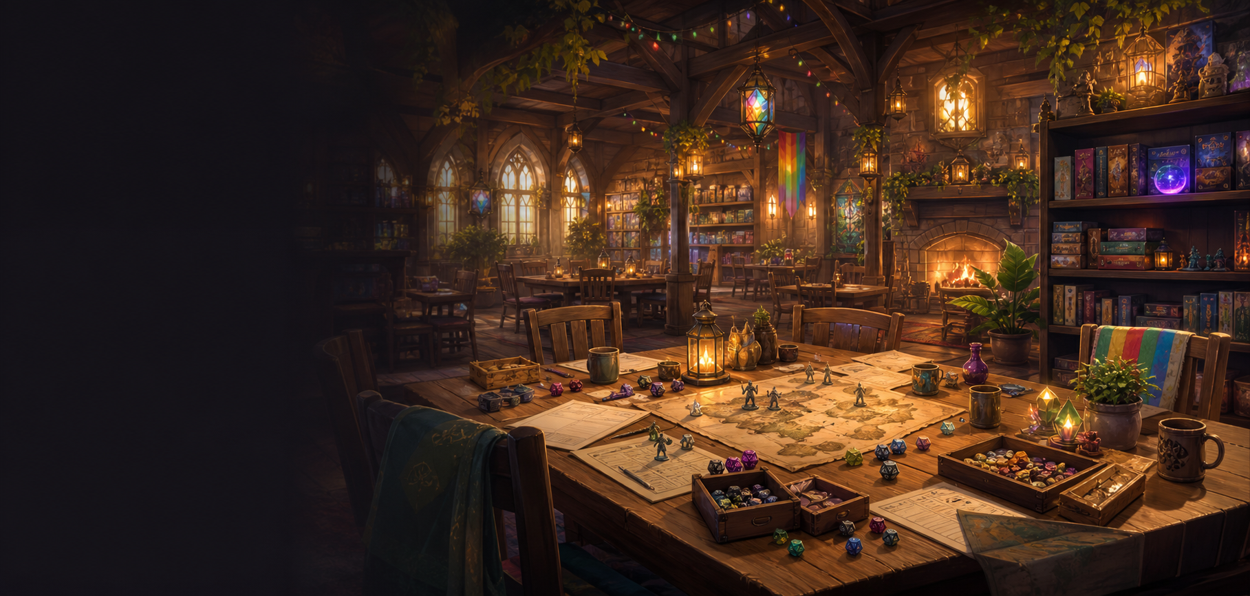 A warm magical adventurer's guild hall with an open gaming table, dice, maps, miniatures, board games, lanterns, and empty chairs.